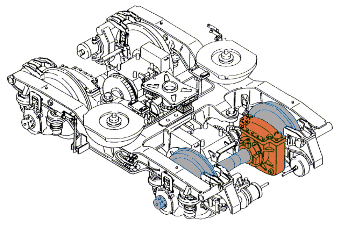 Tangara motorcar bogie highlighting the location of the wheelset and the attached low speed reduction gearbox